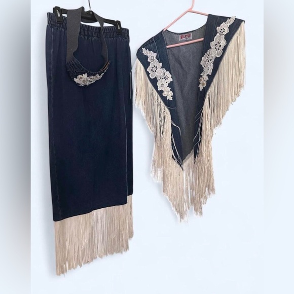 Wanted Dresses & Skirts - VTG Wanted by Beads 3-Pc Denim Set - Large - Fringe & Lace - Western Boho